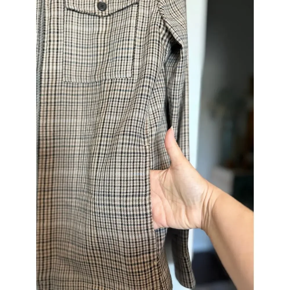 H&M Men’s Regular Fit Glen Plaid Zip Shirt Jacket Shacket Beige Black Size Small